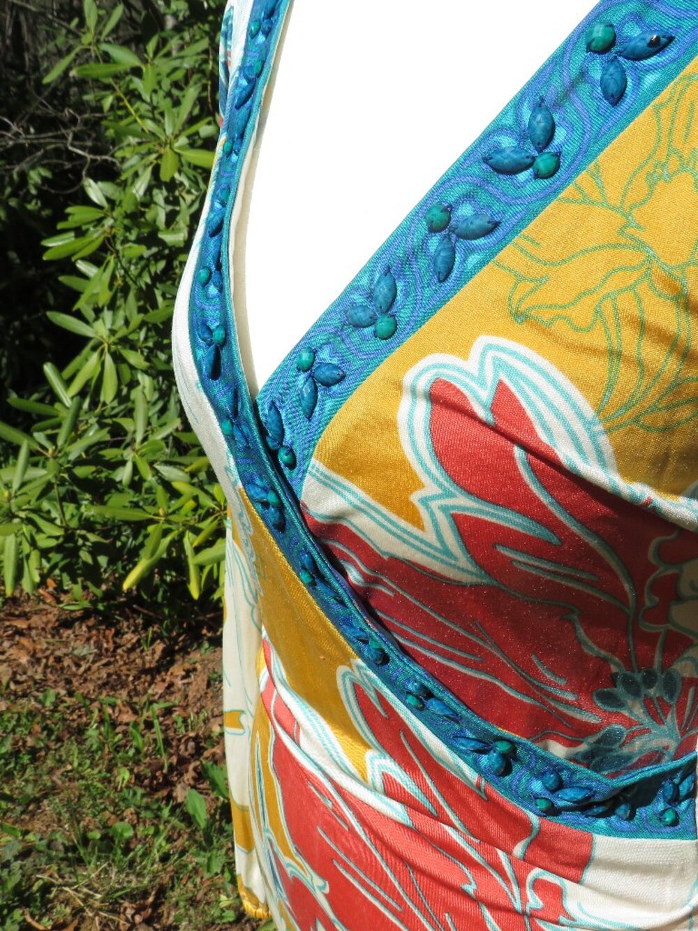 Hale Bob 100% Silk Floral Boho Dress Top – Size Small – Vibrant Print, Blue Trim